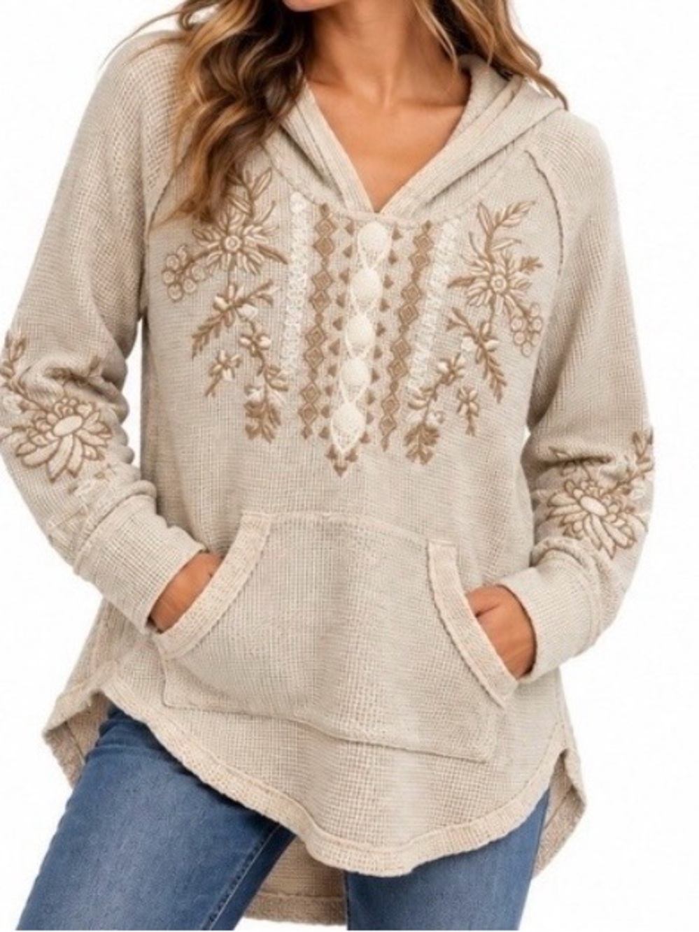 Johnny Was Thermal Hoodie M Cream Floral Embroidered Metallic Waffle Knit Boho